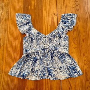 Hollister Blue White Floral Smocked Peplum Top Ruffle Sleeve XS 340F2887